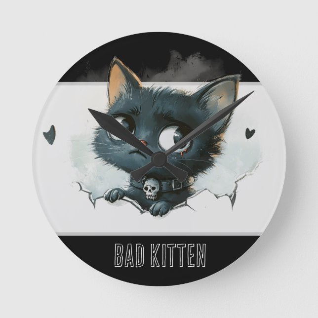 Edgy Kitten Illustration - "Bad Kitten" text Rund Klocka (Framsida)