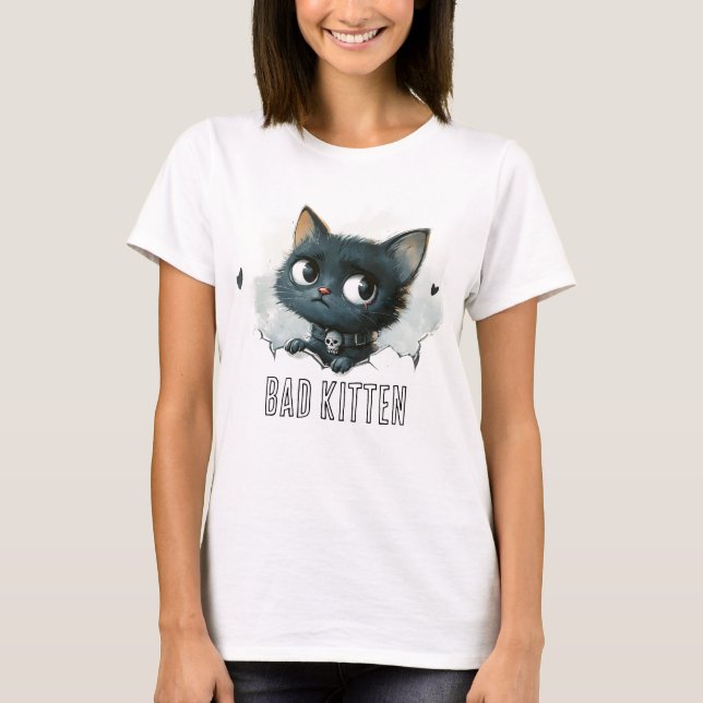 Edgy Kitten Illustration - "Bad Kitten" text T Shirt (Framsida)
