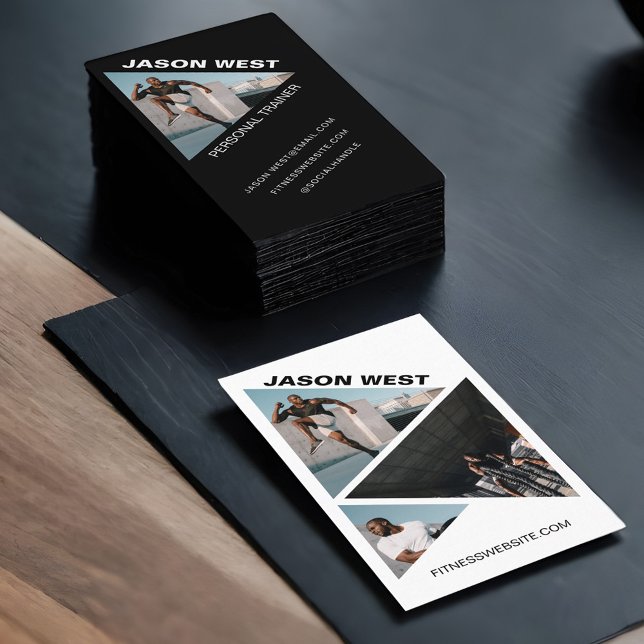 Edgy och Trendig Personlig tränare 3 Photo Black Visitkort (Edgy & Trendy Personal Trainer 3 Photo Black Business Card)