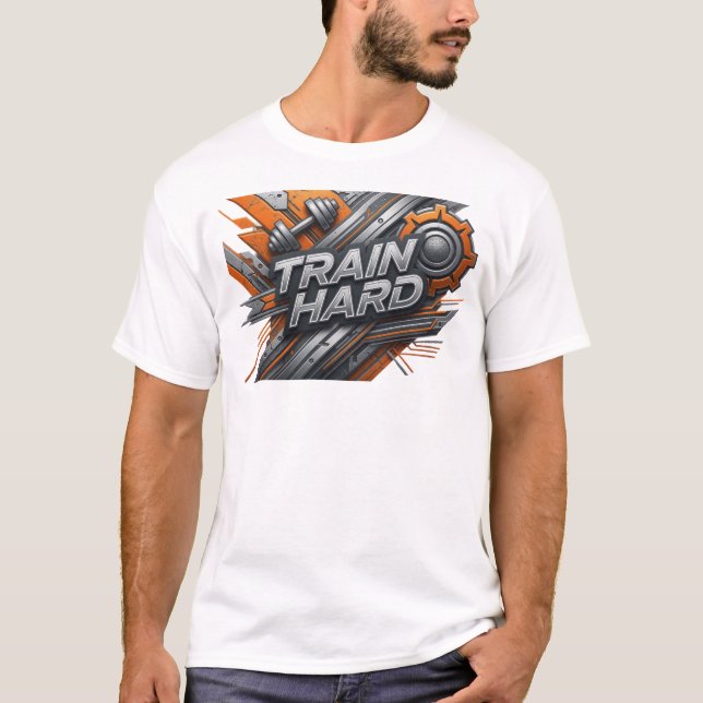 Edgy Orange TRÄNA HÅRT Citat T-shirt (Framsida)