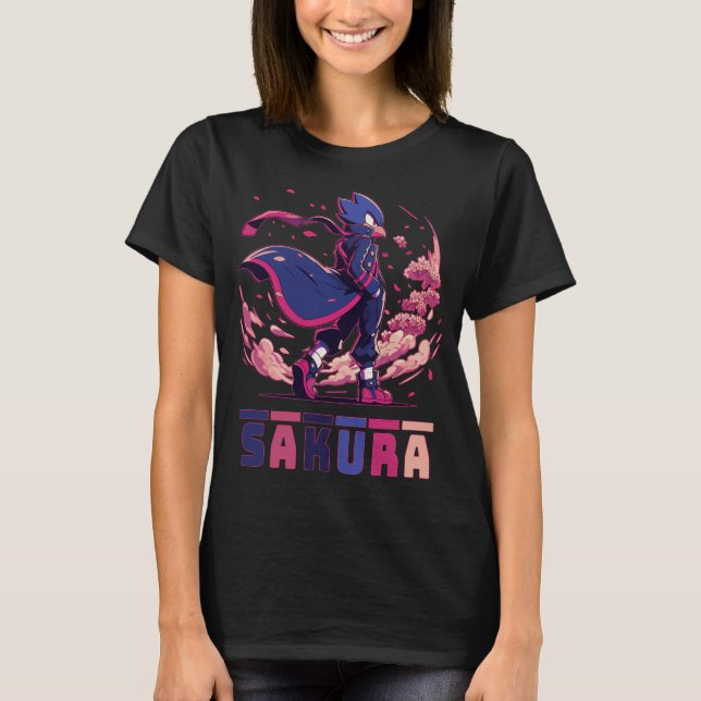 Edgy Sakura Warrior Bird Anime Illustration T Shirt (Framsida)