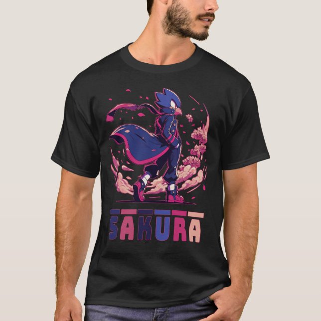 Edgy Sakura Warrior Bird Anime Illustration T Shirt (Framsida)