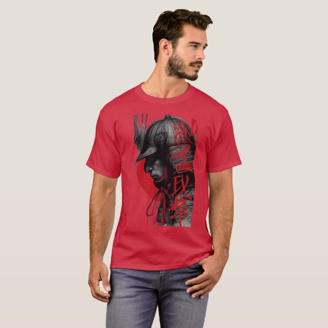 Edgy Samurai Warrior Japanese Ink Art Red Sun T Shirt (Hel framsida)