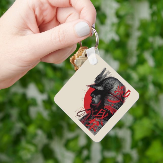 Edgy Samurai Warrior Japanese Ink Red Sun Keychain Nyckelring (Hand)