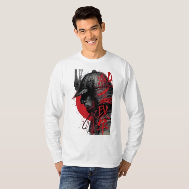 Edgy Samurai Warrior Japanese Red Sun Long Sleeve T Shirt (Hel framsida)