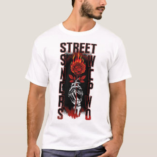 Edgy Skeleton Hand Holding Burning Rose Streetwear T Shirt