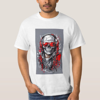 Edgy Skull med hörlurar och röda dekortecken T Shirt