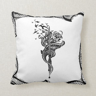 Edgy snöre den skrivar, rosa & fågelillustrationen kudde