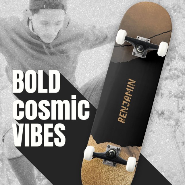 Edgy svart och Guld modern Mini Skateboard Bräda 18,5 Cm (Black and Gold Space-Inspired Modern Your Name Skateboard ©Susanne Sachers - Sunny Wanderlust 🌞✈️)