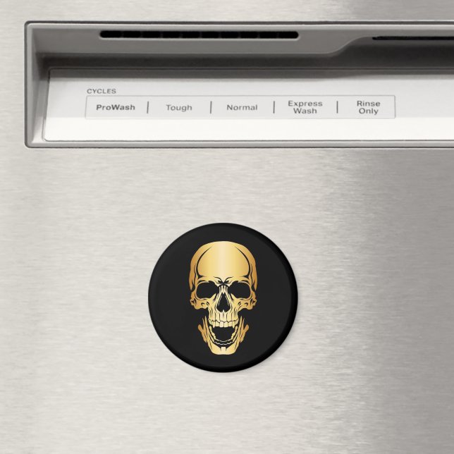 Edgy Svarta och Guld Skull-rundan Mönster Magnet (In Situ (Dishwasher))
