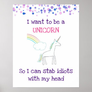 Edgy Unicorn med Rainbow och Confetti Funny Poster