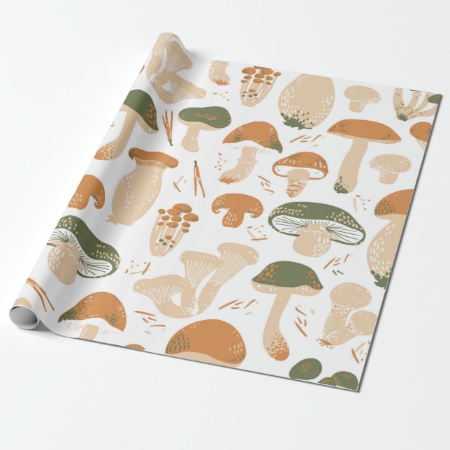 Edible Mushrooms seamless pattern. Linocut old sty Presentpapper (Utrullad)