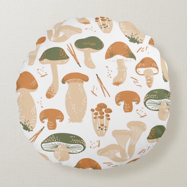 Edible Mushrooms seamless pattern. Linocut old sty Rund Kudde (Framsidan)
