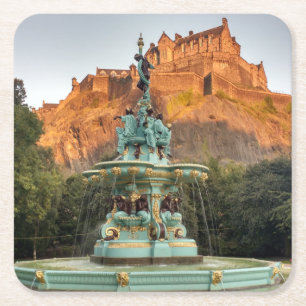 Edinburgh Castle Fontän Princes Street Gardens Underlägg Papper Kvadrat