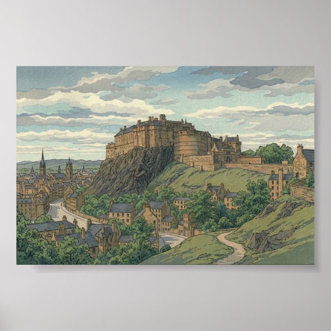 Edinburgh Castle Japanese Woodblock Print Poster (Framsidan)