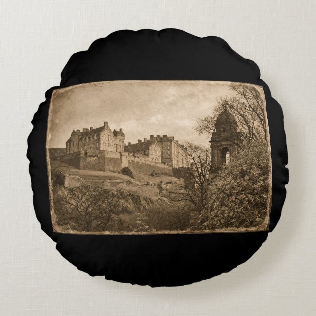 Edinburgh Castle Sepia Fotograf Rund Kudde (Framsidan)