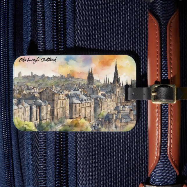 Edinburgh Scotland Castle Watercolor Travel Bagagebricka (Framsida Insitu 4)