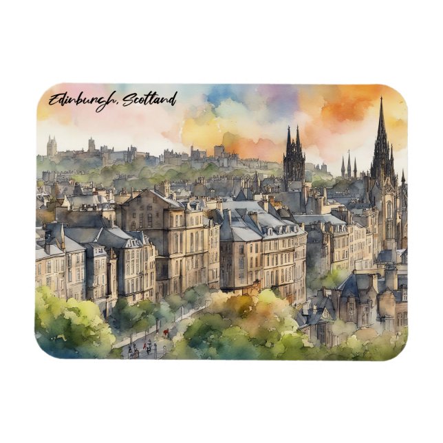 Edinburgh Scotland Castle Watercolor Travel Magnet (Horisontell)