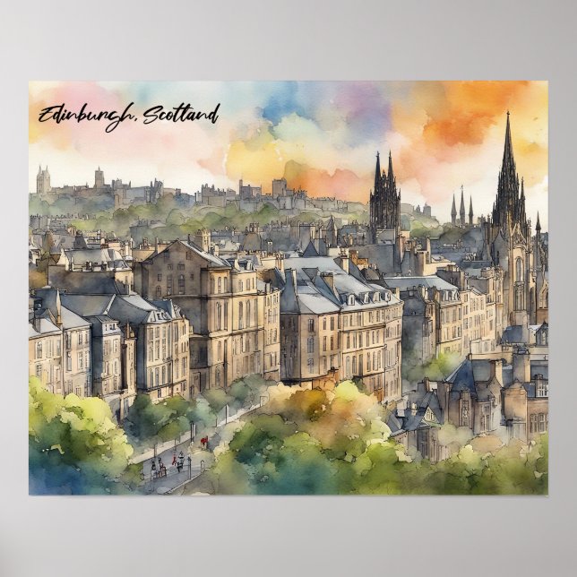 Edinburgh Scotland Castle Watercolor Travel Poster (Framsidan)