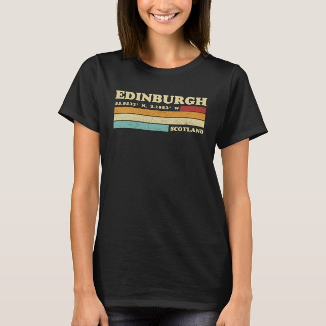Edinburgh Scotland City Retro Longitude Latitude T Shirt (Framsida)