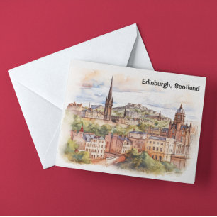 Edinburgh Scotland City View Watercolor Travel Vykort