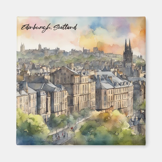 Edinburgh Skottland Slott Akvarell Resa Magnet (Framsidan)