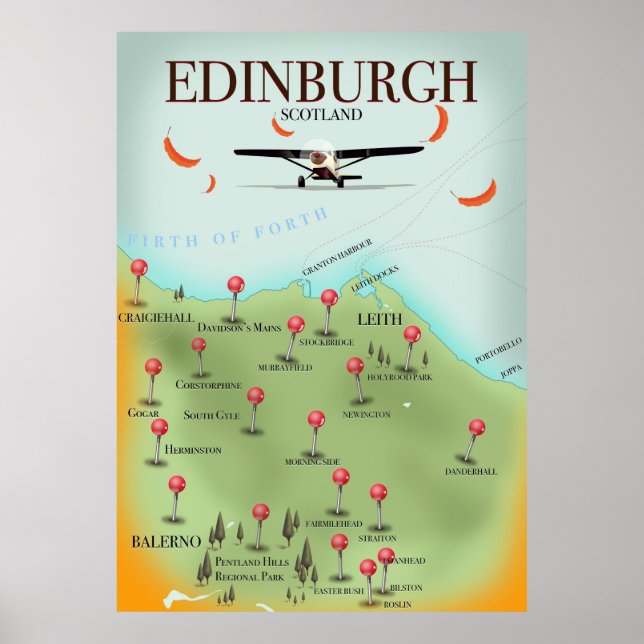 Edinburgh Skottland vintage stil kartaffisch tryck (Framsidan)