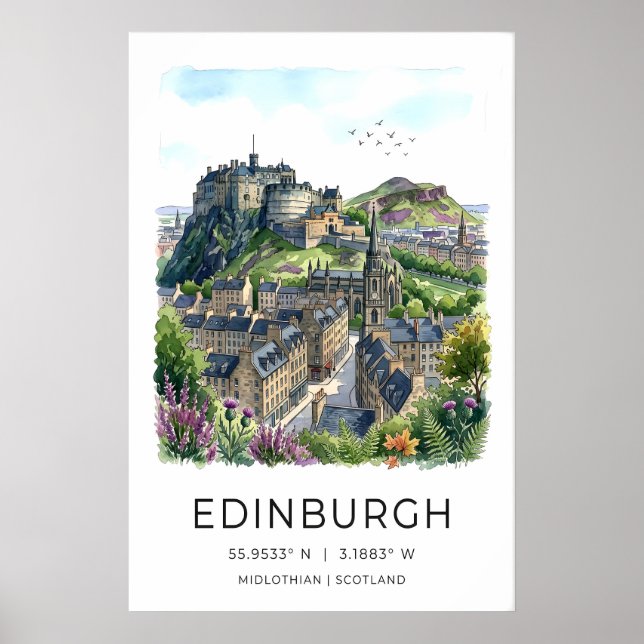 Edinburgh Väggkonst Mjukt Vattenfärg Siluett (Framsidan)