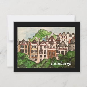 Edinburgh-vykort ( Hus bredvid slott.)svart Vykort