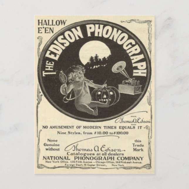 Edison Fonograf Halloween-reklam Jack O Lantern Vykort (Framsida)