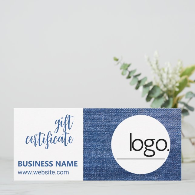 EDITABEL DENIM BLUE LOGOTYP BUSINESS GIFT CERTIFIC (Stående Fram)