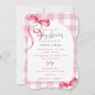 EDITABEL Rosa Bow Gingham Baby Shower Inbjudningar