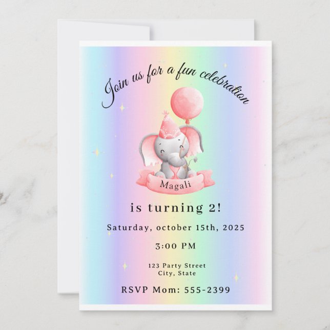 Editable 2nd Birthday Invitation Cute Elephant Inbjudningar (Framsida)