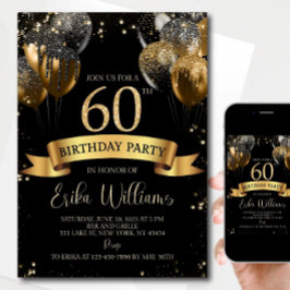 Editable 60th Birthday Invitation: Black & Gold Ba Inbjudningar