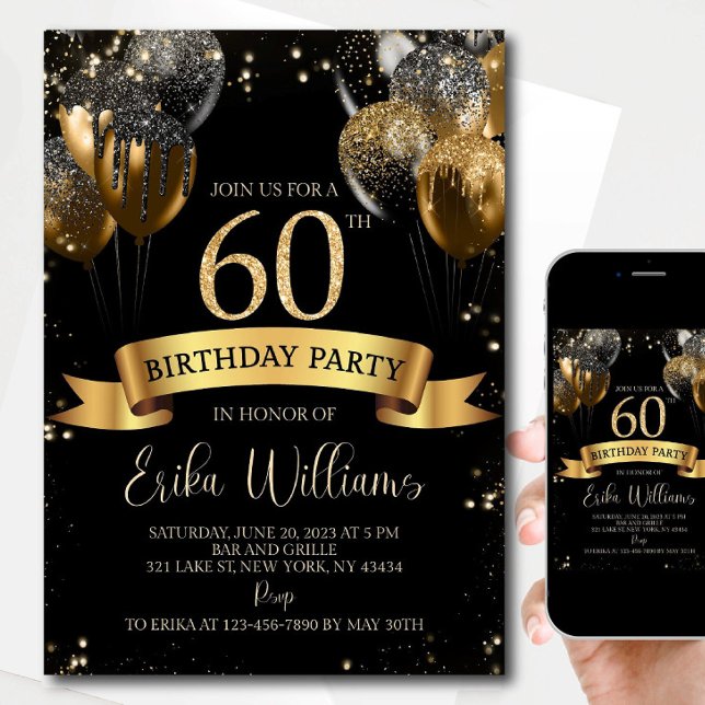 Editable 60th Birthday Invitation: Black & Gold Ba Inbjudningar (Skapare uppladdad)