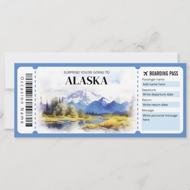 Editable Alaska Boarding Pass Flygplan biljett Inbjudningar (Framsida)