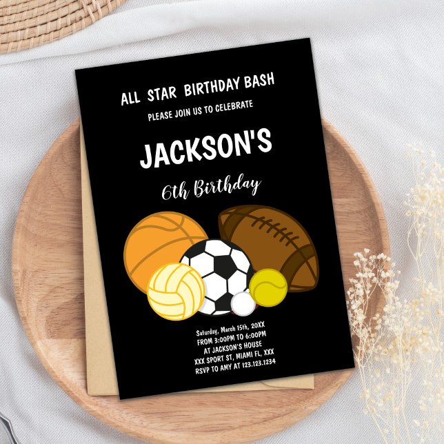 Editable All-Star Athletic Party Inbjudan för Boys (Black Sports Invitations)