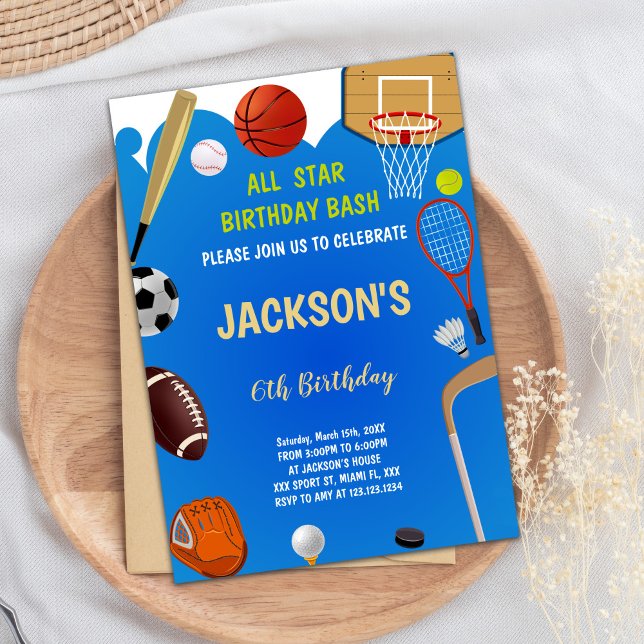 Editable All-Star Athletic Party Inbjudan för Boys (Blue Background Sports Birthday Invitations)