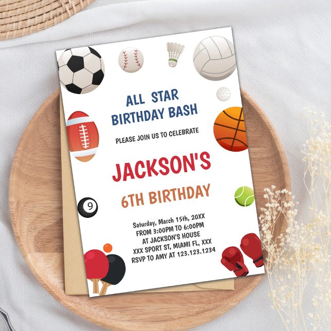 Editable All-Star Boys Athletic Party Inbjudan (White Background Sports Invitations)