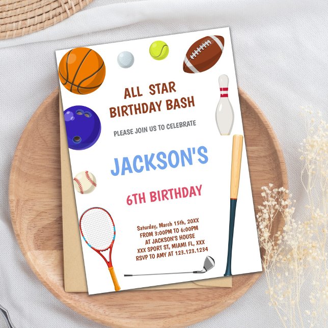 Editable All-Star Boys Athletic Party Inbjudan (Blue Sports Birthday Invitations)