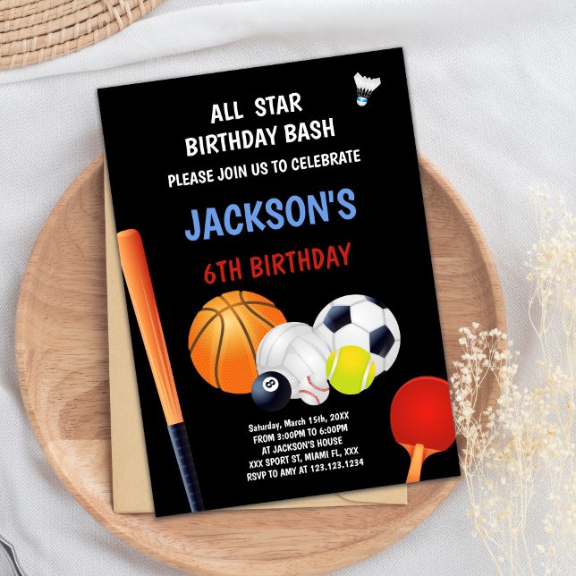 Editable All-Star Boys Athletic Party Inbjudan (Blue White Sports Birthday Invitations)