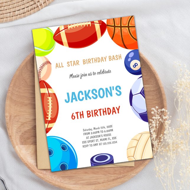 Editable All-Star Multi-Sport Party Inbjudan (Sports Invitations)