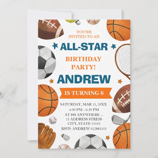 Editable All Star Sports Birthday Invitation Inbjudningar (Framsida)