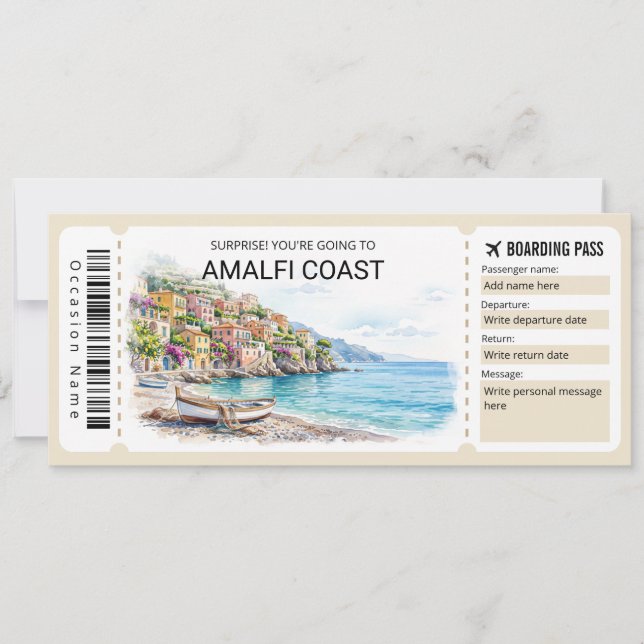 Editable Amalfi Coast Trip Boarding Pass Ticket Inbjudningar (Framsida)