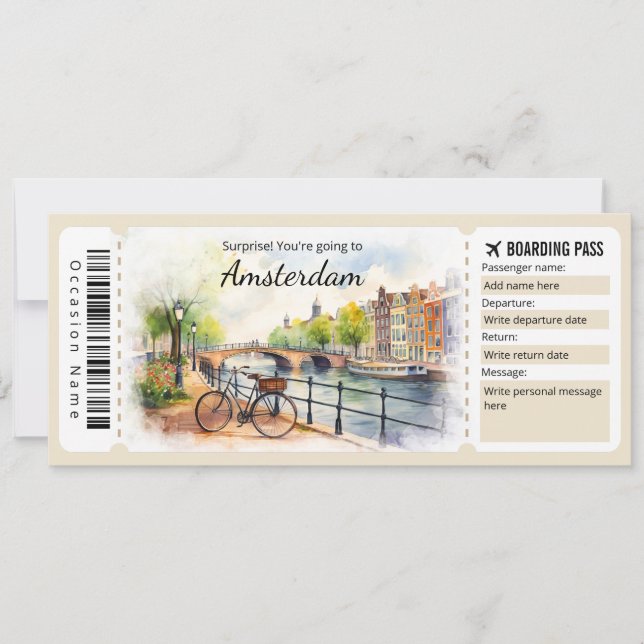 Editable Amsterdam Boarding Pass Flygplan biljett Inbjudningar (Framsida)