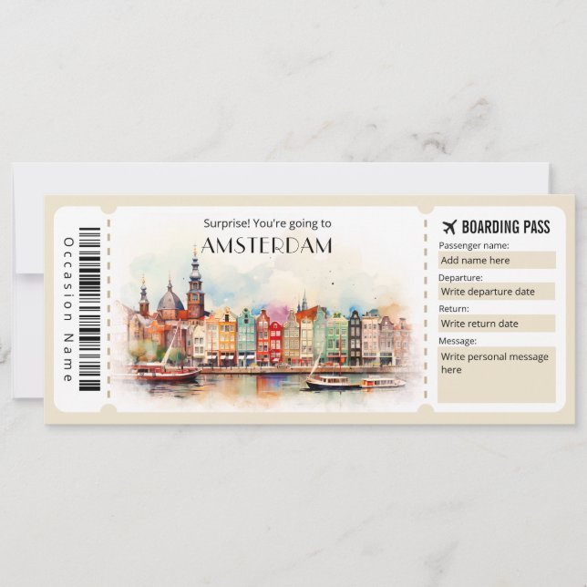 Editable Amsterdam Boarding Pass Flygplan biljett Inbjudningar (Framsida)