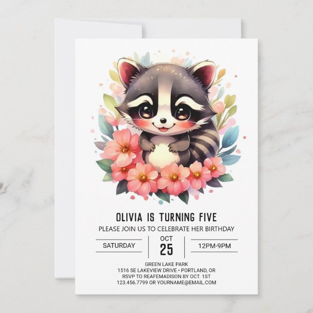 Editable Anpassningsbar Raccoon Girl Birthday Inbjudningar (Framsida)