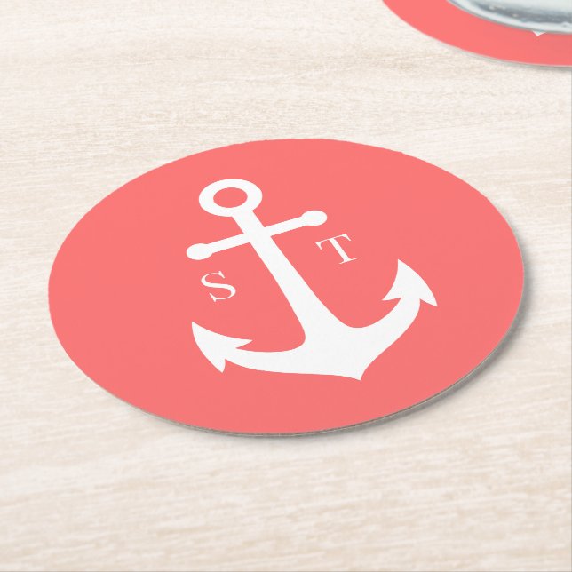 Editable Background Färg Monogram Anchor Bröllop Underlägg Papper Rund (Vinklad)
