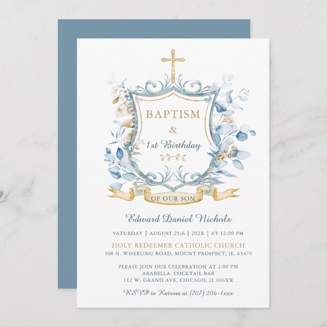 Editable Baptism Blue och Guld Monogram Inbjudningar (Fram/baksida)