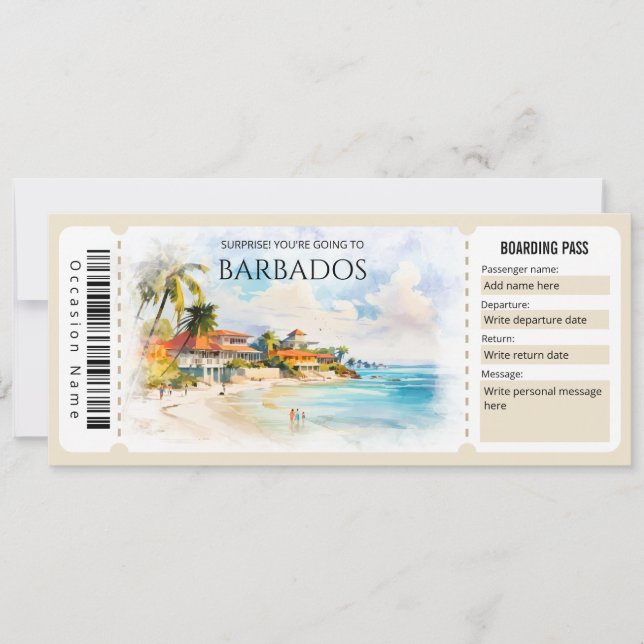 Editable Barbados Flygplan Boarding Pass Biljett Inbjudningar (Framsida)